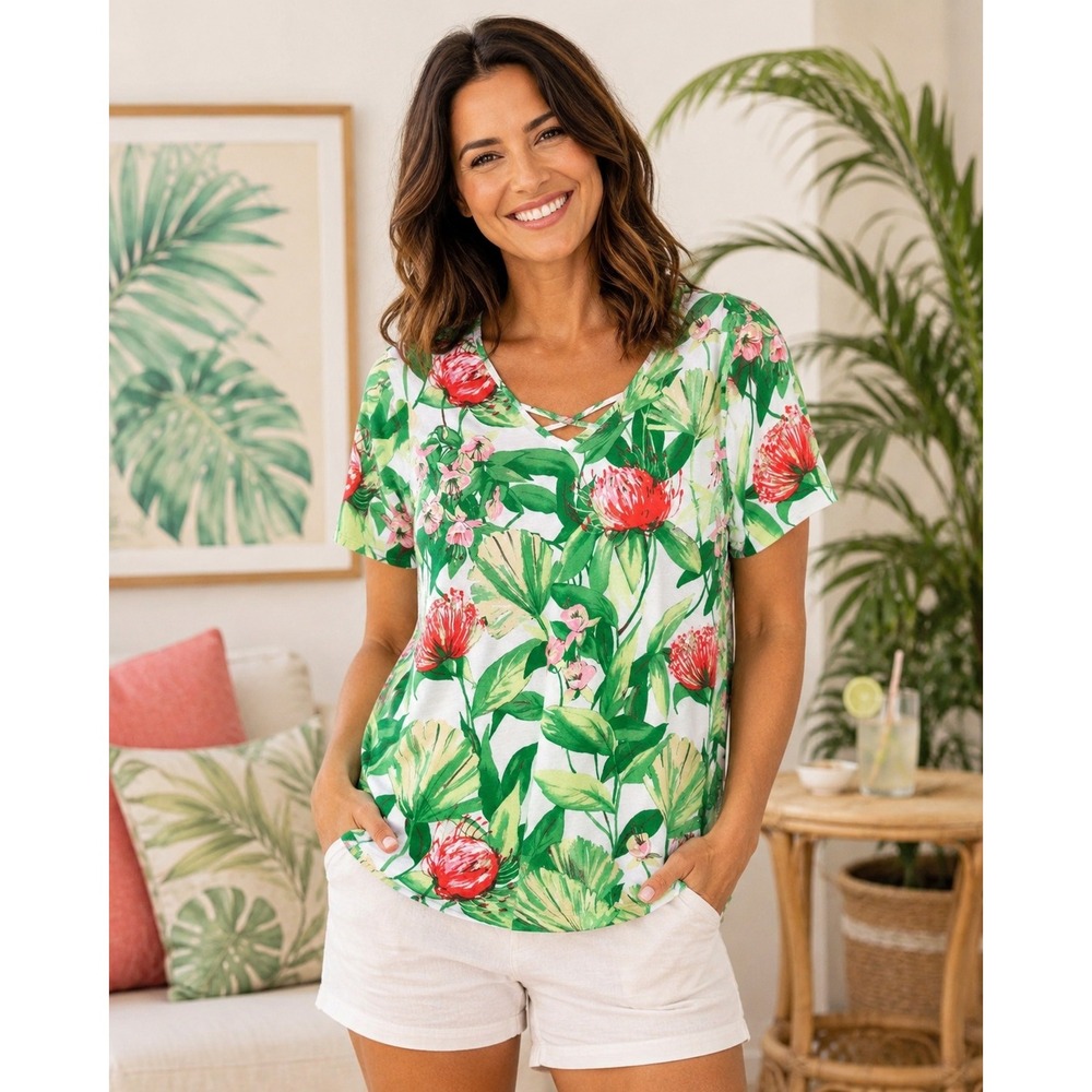 Coral Bay T-Shirt Womens XL Green Tropical Floral V-Neck Strappy Cotton Top